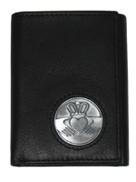 Celtic Ireland Irish Black Leather Trifold Wallet with Claddagh Emblem